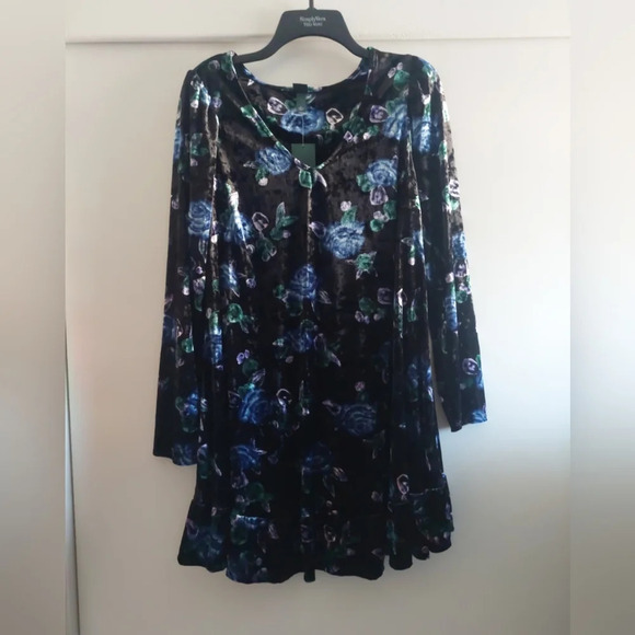 Velvet Floral Drop Hem Longsleeve Mini Dress Black-Blue New! Whimsigoth - Picture 3 of 5
